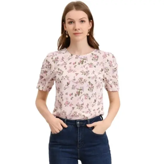Allegra K Women's Floral Crew Neck Summer Casual Shirred Short Sleeve Blouse image {16}
