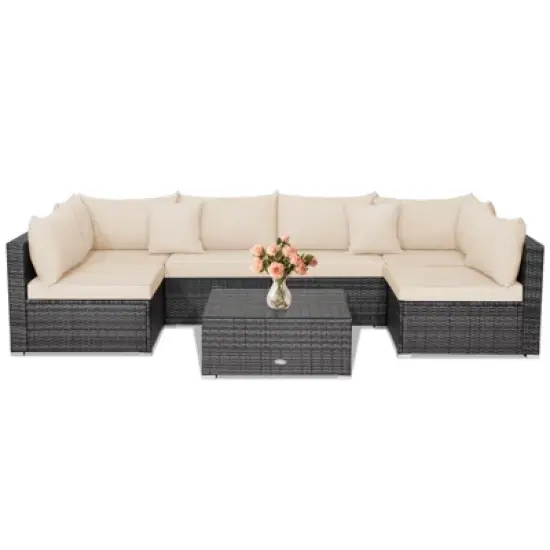 Tangkula Set of 7 Patio Wicker Furniture Set Outdoor Rattan Sectional Sofa with Seat & Back Cushions 2 Throw Pillows Mix Grey & Beige image {3}