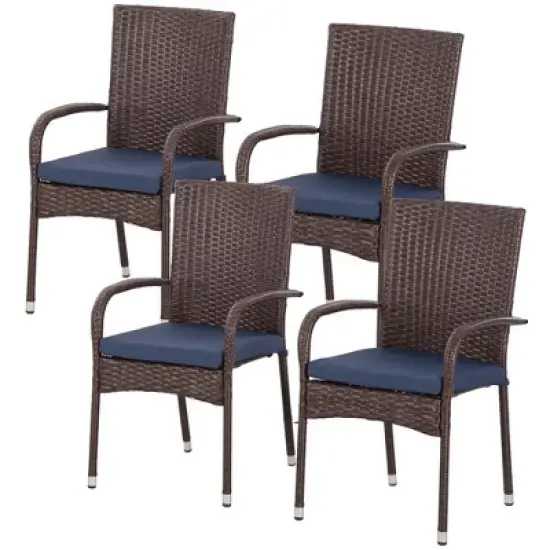 Resenkos Outdoor Dining Room Chairs, Patio Kitchen Chairs,4 PE Rattan Outdoor Dining Chairs with Cushions, Blue Blue, 22" x 23.5" x 37.5" image {11}