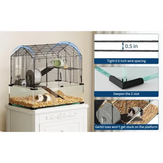 Glass Hamster Cage, 3-Tier Indoor Guinea Pig Cages, Rat Cage Accessories with Hamster Wheel, Water Bottle, Food Bowl, Small Animal Cage for 2 Rodents image {9}