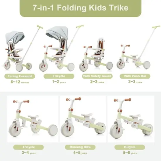 Aukfa 7-in-1 Tricycle, Foldable design, adjustable handle/seat, retractable canopy & removable pedals/guardrail, for 1-6 Years Old Boys & Girls Gift image {1}