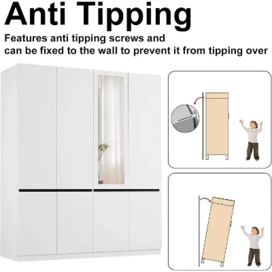 TIRAMISUBEST 74" White 4-Door Wardrobe with Mirror - Freestanding Armoire Closet with 2 Hanging Rods for Bedroom Storage (74.8"H) image {6}