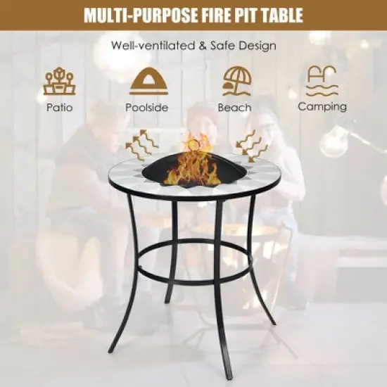 Costway 23.5'' Round Fire Pit Table Wood Burning Heater W/ Mesh Cover & Fire Poker image {6}