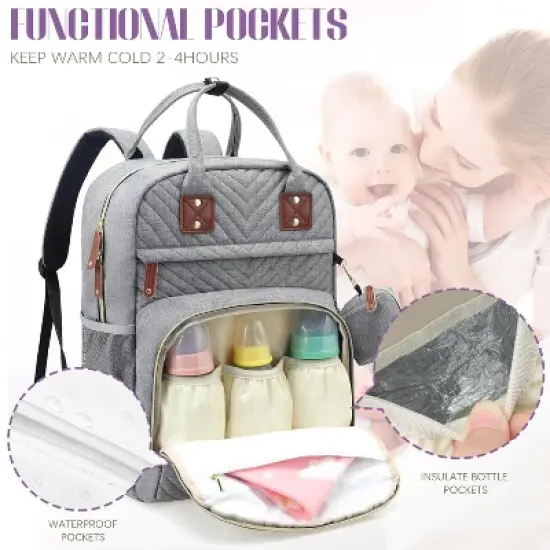 Itopfox Diaper Backpack for Baby Essentials, Multi-Function Waterproof Travel Tote with Stroller Straps & Pacifier Case - Grey image {3}