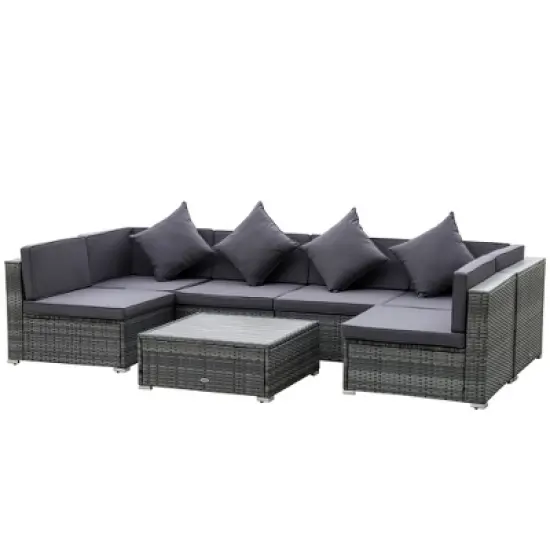 Outsunny 7-Piece Outdoor Wicker Sofa Set, PE Rattan Sectional Furniture Patio Couch w/ Acacia Top Coffee Table & Cushion for Garden, Backyard, image {6}