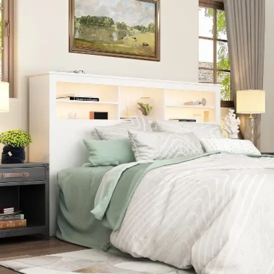 Famapy White Headboard With Storage Shelves & Remote Adjustable Light image {3}