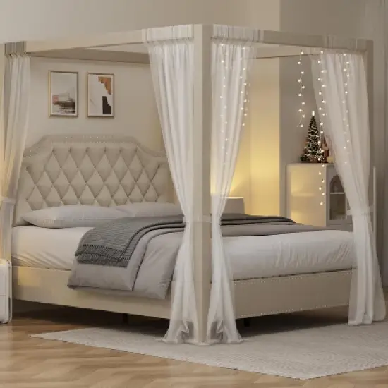 Upholstered Canopy Bed Frame with Headboard, Button Tufted, Nailhead Trim Design, No Box Spring Required image {2}