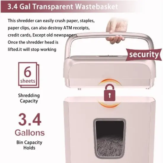 Bonsaii 6-Sheet Crosscut Paper Shredder for Home Use, Shreds Paper, Credit Cards, Staples, Clips, 3.4 Gal Wastebasket, Pink, with Handle image {3}