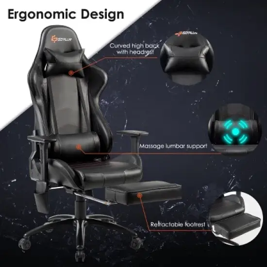 Costway Massage Gaming Chair Adjustable Reclining Racing Chair w/Headrest&Footrest Gray\Black image {5}