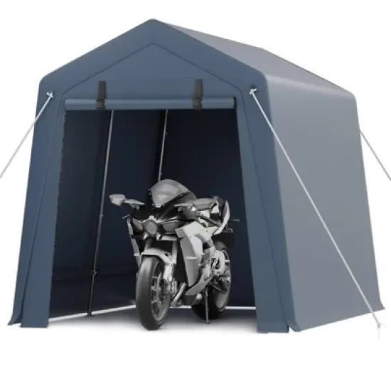 Outdoor Storage Shed with Floor, Heavy Duty Waterproof PE Tarp, Portable Metal Carport Garage Tent, 2 Roll-Up Doors & Vents, for Motorcycle image {10}