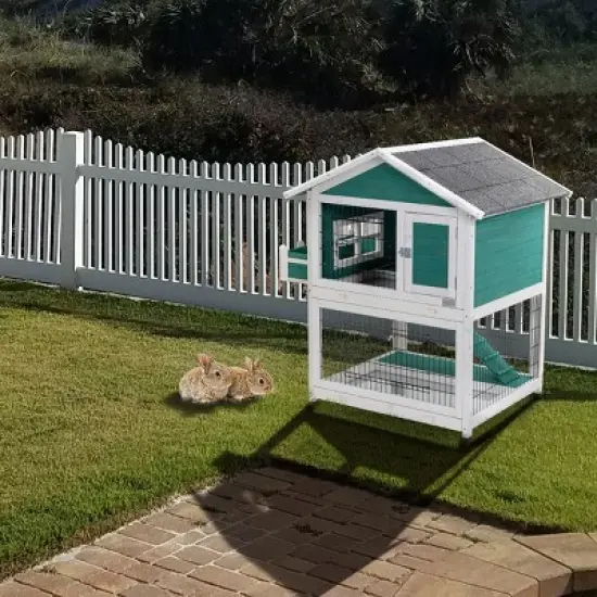 2 Story Wooden Rabbit Hutch,Outdoor Indoor Bunny Cage With Pull Out Tray And Waterproof Roof,Pet Cage For Guinea Pig Hamster-Cuddlewood image {2}