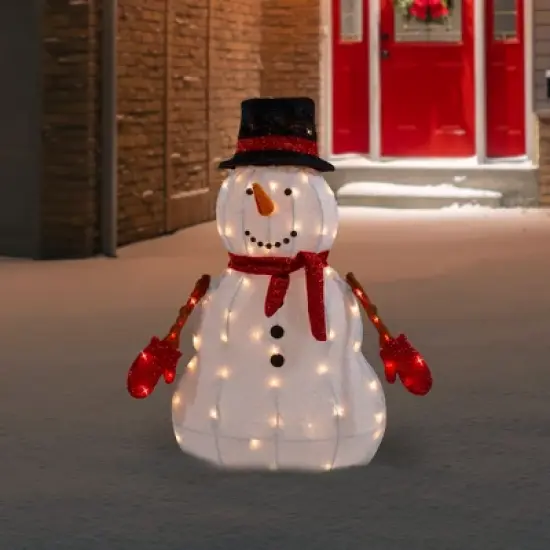 Northlight 32" Lighted 3D Chenille Snowman in Top Hat Outdoor Christmas Decoration image {1}
