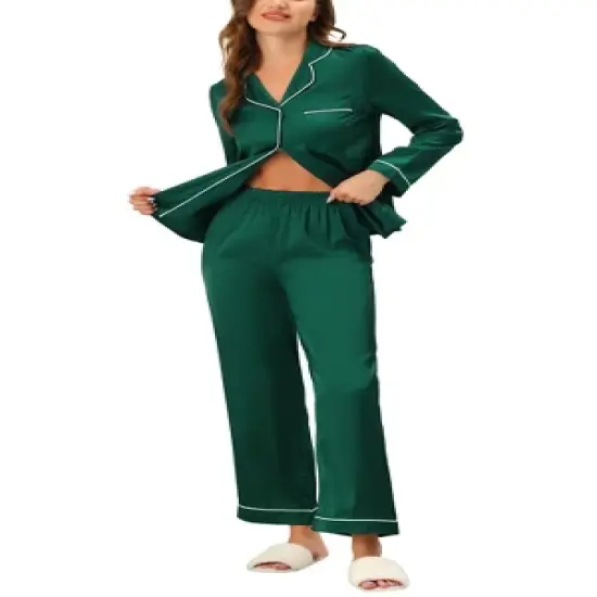 cheibear Womens Pajama Lounge Sleepwear Button Down Tops and Pants Satin Pjs Set image {6}