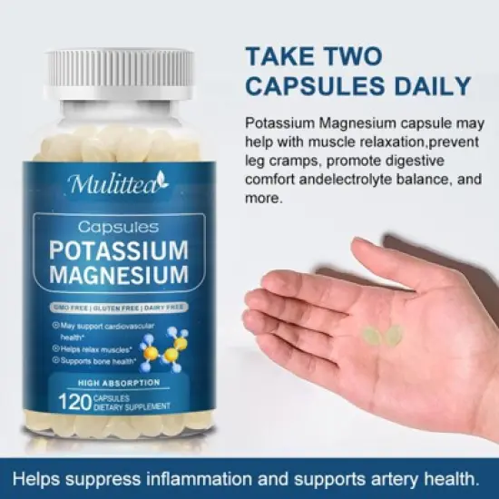 Mulittea Potassium Magnesium Gluten Free Capsules Dietary Supplement - 120 Count image {5}