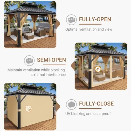 10FT x 12FT Metal Hardtop Gazebo, Reinforced Hardtop & UV-Blocking SunShield, Galvanized Iron Aluminum Column with Lockable Privacy Curtains image {2}
