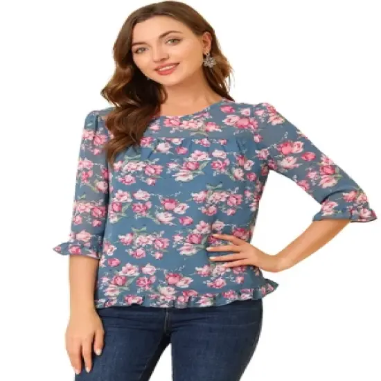 Allegra K Women's Casual Round Neck Ruffle 3/4 Sleeve Floral Print Chiffon Blouse image {19}