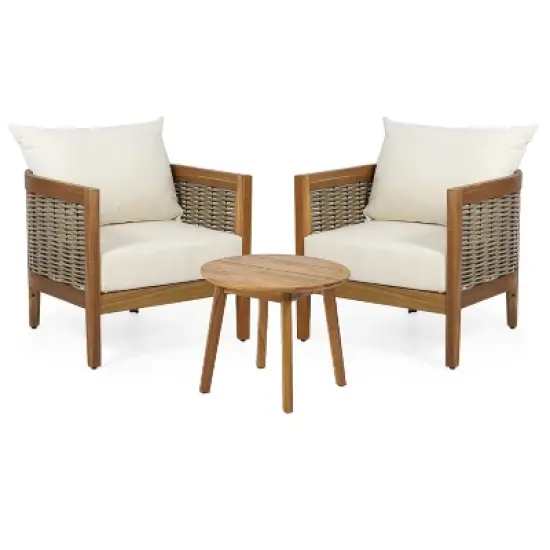 Christopher Knight Home Burchett 3 Piece Patio Acacia Wood and Faux Rattan Chat Set with Cushions image {8}