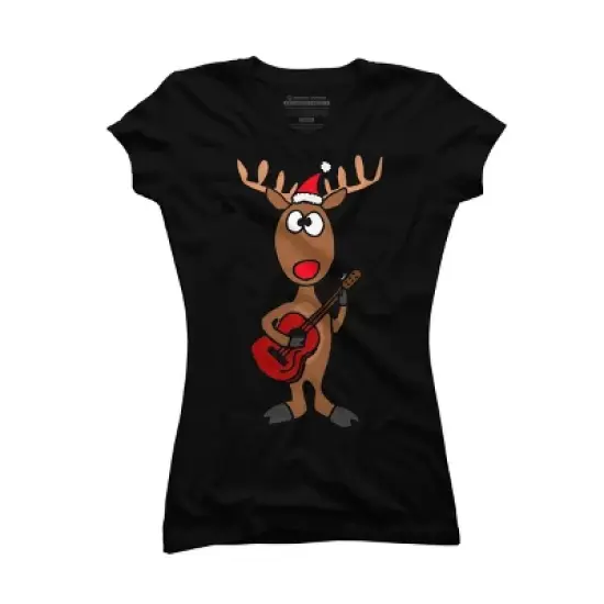Junior's Design By Humans Funny Cool Christmas Reindeer Playing the Guitar By SmileToday T-Shirt image {3}