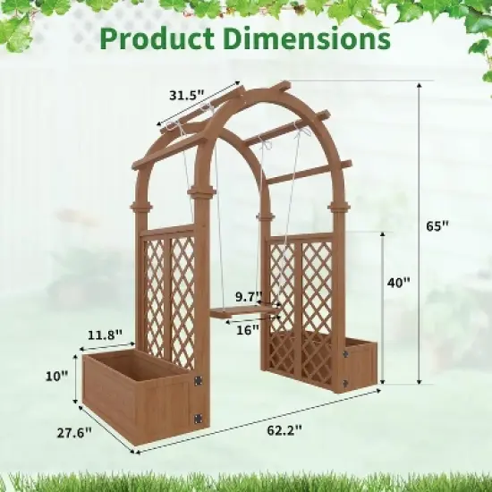 Acekool Wood Garden Arbor with Planter Boxes and Detachable Swing, Outdoor Arch Trellis for Climbing Plants, Brown image {1}