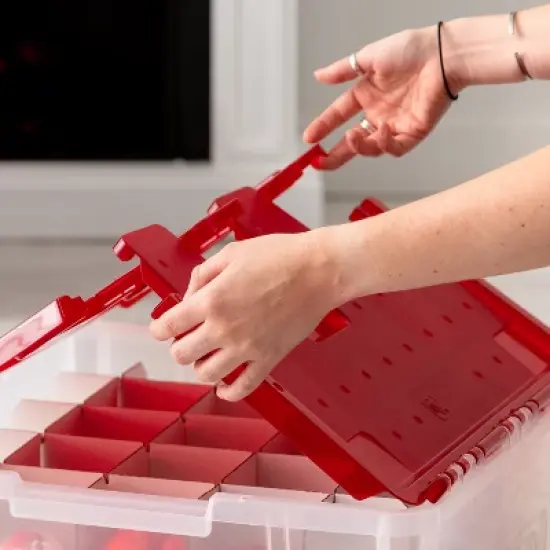 IRIS USA Ornament Storage Box, Plastic Organization Container Bin, Clear/Red image {3}