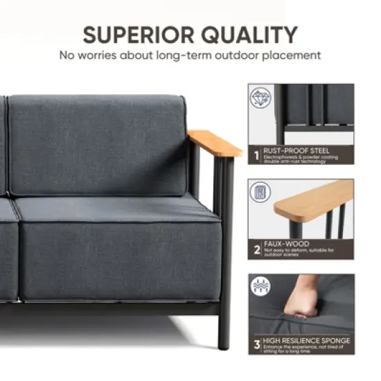 Belord Patio Couch with 10" Thick Seat Cushion, Metal Outdoor Sofa with Faux-Wood Armrest and Deep Seat, Luxury Comfort Pure Foam Cushion for Balcony image {5}
