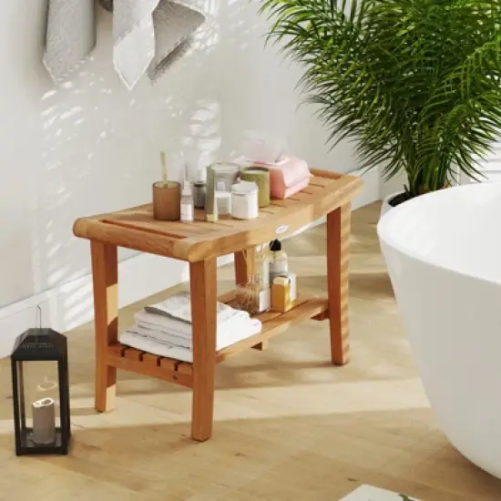 Tangkula 30" Large Teak Shower Stool w/ Storage Shelf Non-slip & Adjustable Foot Pads image {3}