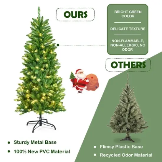 Costway 5/6/7 Ft Pre-lit Artificial Pencil Christmas Tree Hinged Fir PVC Tree with 150/250/350 LED Lights image {7}