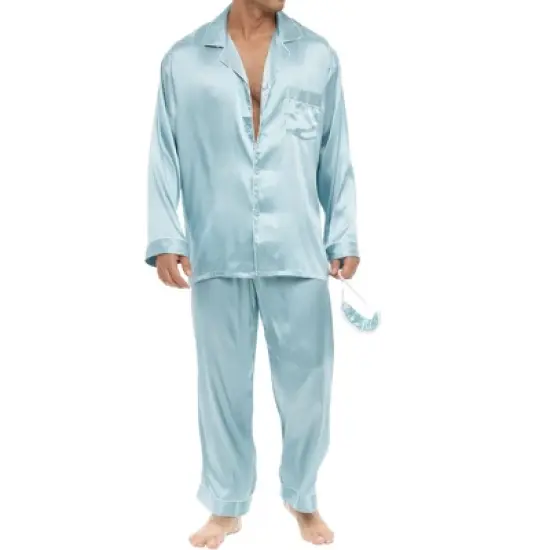 Men's Classic Satin Pajamas Lounge Set, Long Sleeve Top and Pants with Pockets, Silk like PJs with Matching Sleep Mask image {11}