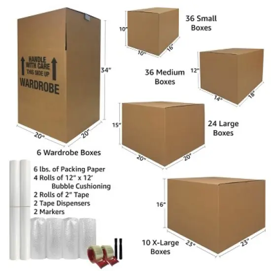 UBMOVE Wardrobe Kit 10 Rooms with 112 Boxes, 6 Wardrobe Boxes, and Packing Supplies image {1}