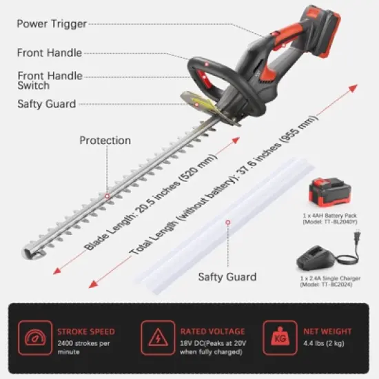 SUGIFT 20V Cordless Hedge Trimmer with 20.5" Dual-Action Blade, 4.0Ah Lithium Battery & Charger, 2400SPM Electric Bush Cutter with Rotating Handle image {6}