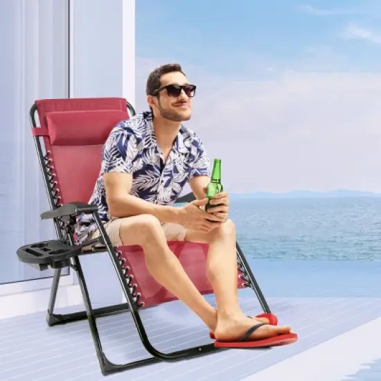 Tangkula Oversized Zero Gravity Lounge Chair Folding Recliner w/ Cup Holder & Pillow, Red image {2}