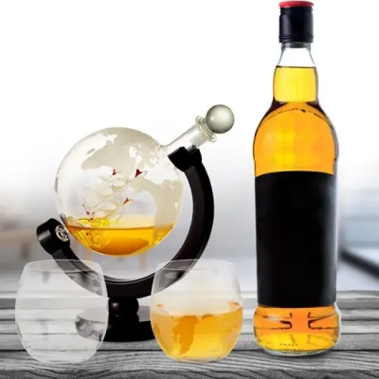 Berkware Globe Etched Whiskey Decanter Set with Interior Hand-Crafted Glass Ship - 28oz with 2 10oz Globe Glasses image {1}