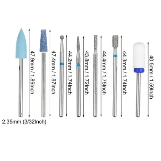 Unique Bargains Emery Nail Drill Bits Set for Acrylic Nails 3/32 Inch Nail Art Tools Shapen Tool 40.5mm Length Blue 7 Pcs image {3}
