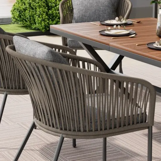 FIONECA 7-Piece Patio Dining Set with Acacia Wood Tabletop & Metal Frame, Outdoor Furniture Set with Chairs for Garden, Backyard, Balcony, Grey image {2}