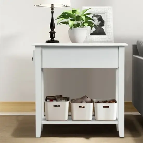 Costway 2 Tier End Bedside Sofa Side Table Narrow Nightstand w/Drawer &Shelf White image {4}
