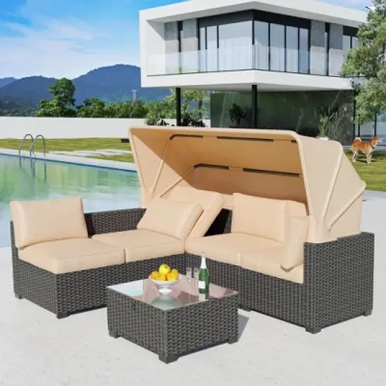 Whizmax 6 Pieces Outdoor Patio Sectional Sofa Couch, Brown PE Wicker Furniture Conversation Sets with Beige Cushions & Glass Coffee Table image {6}