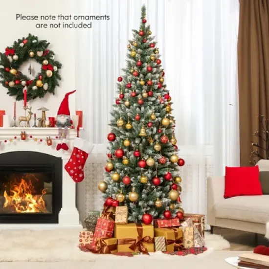 Costway 6FT/9FT Pre-Lit Christmas Tree Hinged Slim Pencil Xmas with 250/500 LED Lights image {4}