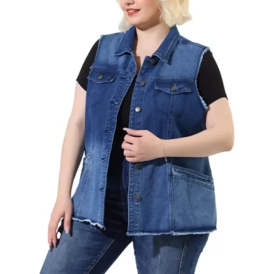 Agnes Orinda Women's Plus Size Denim Button Down Raw Hem Denim Vests image {10}