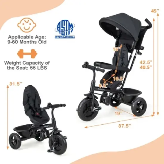 Babyjoy 4-in-1 Multifunctional Tricycle Kids Trike with Removable Canopy & Push Handle Black/Gray/Pink image {2}