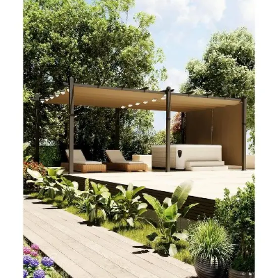 12x20ft Extra Large Aluminum Pergola with Adjustable Canopy, 4-Side Anchoring, Khaki Frame & Curtains, UV & Water Resistant image {6}