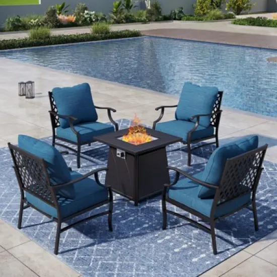 Captiva Designs 5pc Metal Patio Outdoor Conversation Fire Pit Set with Grid-back Armchairs for Garden, Poolside, Backyard image {12}
