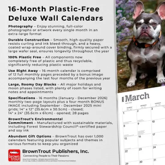 BrownTrout For the Love of French Bulldogs 2026 14"x24" Hanging Deluxe Wall Calendar Plastic-Free image {5}