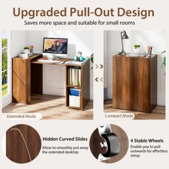 Costway Extendable Computer Desk Reversible Study Writing Desk w/ Mobile Shelves Natural/Brown image {5}