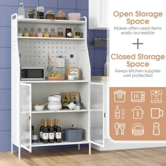 Costway 5-tier Metal Kitchen Bakers Rack with Pegboard 8 Hooks 5-position Adjustable Shelf White image {5}