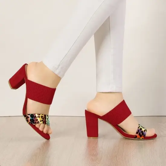 Allegra K Women's Leopard Printed Block Heeled Slide Sandals image {1}