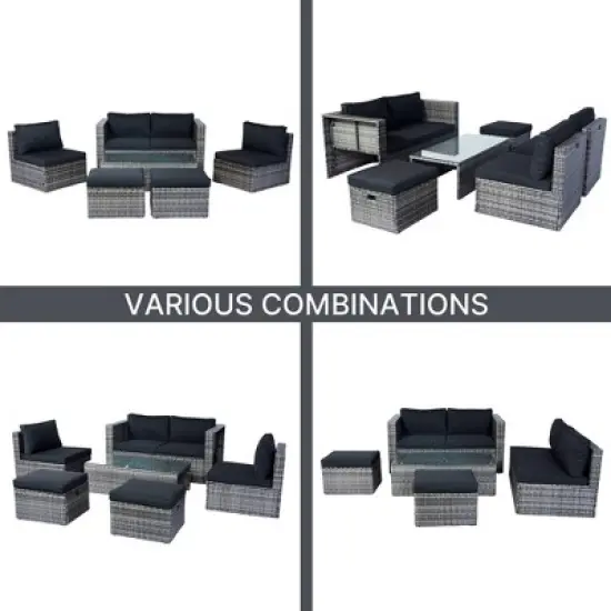 Rbied 6-Piece Wicker Outdoor Sofa Sectional Set Conversation Set with Black Cushions, Smart Storage Design image {5}