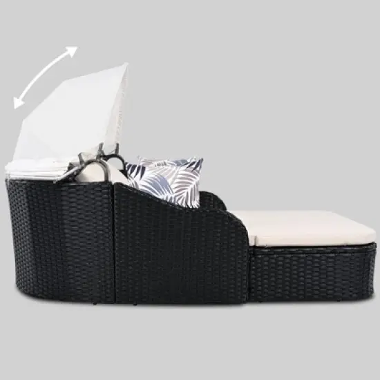 NicBex Double Chaise Lounge Chair with Adjustable Canopy - PE Rattan Daybed, Black Frame & Beige Cushions for Yard, Garden image {3}