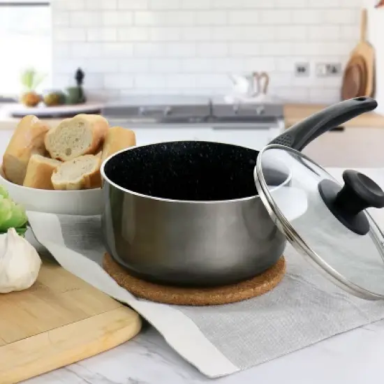 Oster 2.5 Quart Merrion Nonstick Aluminum Saucepan with Lid in Metallic Grey image {1}