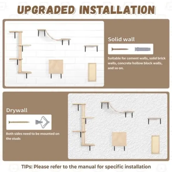 Sandinrayli Cat Wall Shelves - Wall-Mounted Set of 5, Floating Perches & Hanging Beds, Modern Furniture for Large Cats/Kitties (Beige) image {4}