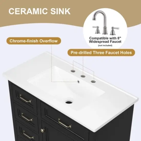 Whisen 36" Bathroom Vanity with Ceramic Sink Top, 4 Drawers & Soft-Close Door, Freestanding Cabinet with Metal Handles, 8" Faucet Holes image {3}